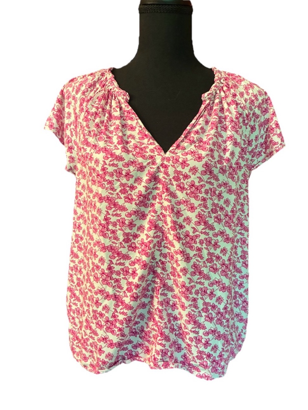 GAP Women’s Bright Pink Splitneck Floral Flutter Sleeve Blouse, Size L